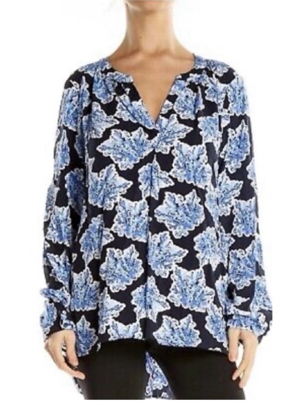 Crown & Ivy Coastal Coastal Blue Coral Top black blue hi lo split neck